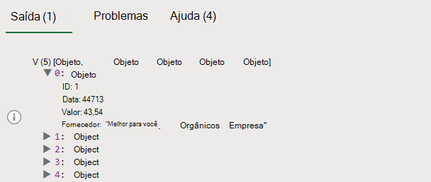 A saída do console do script anterior que mostra os valores de propriedade do objeto.