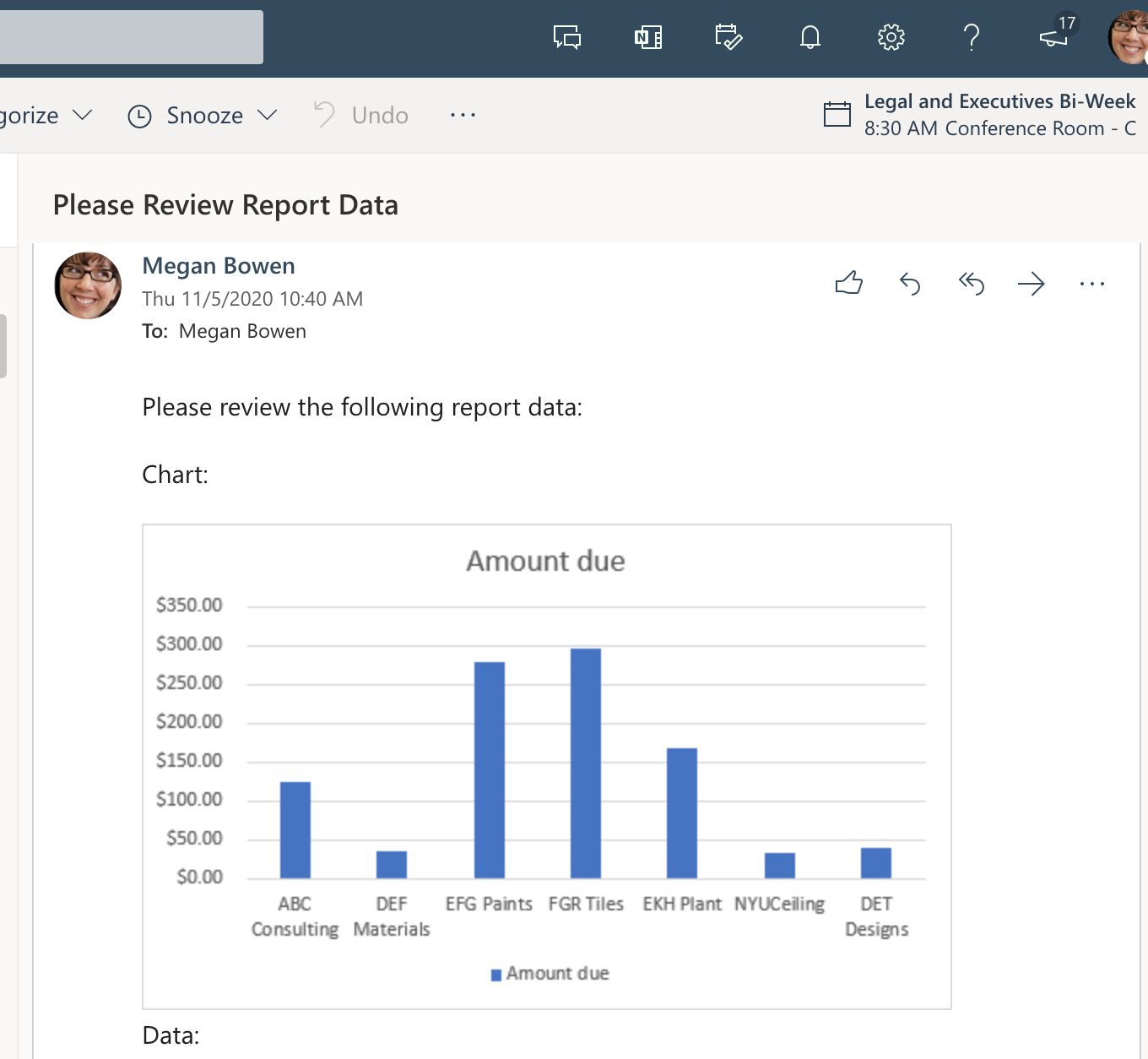 O e-mail enviado pelo fluxo que mostra o gráfico do Excel incorporado no corpo.