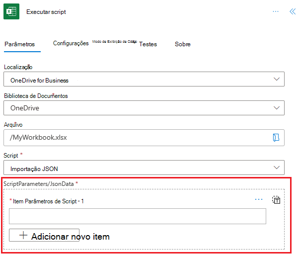 Um conector do Excel Online (Business) mostrando uma ação executar script com o parâmetro jsonData.