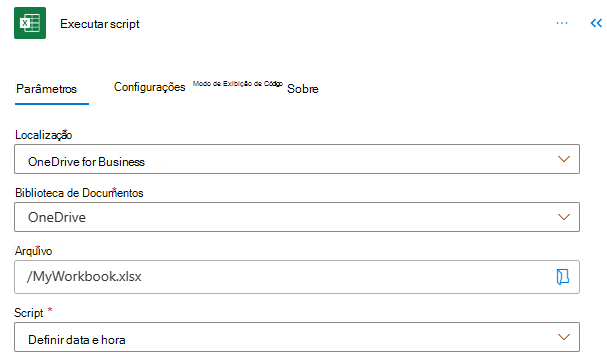 Configurações do conector para executar um script no Power Automate.