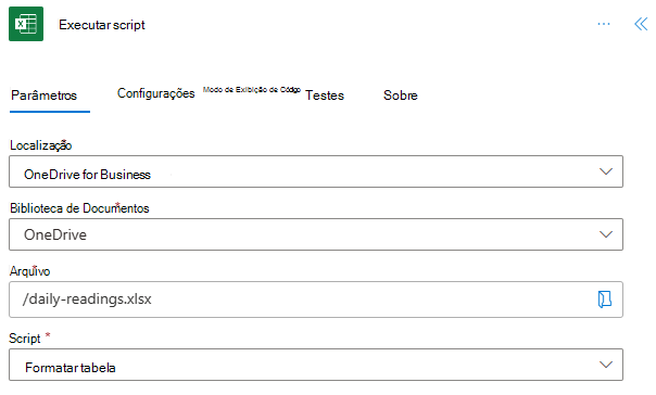 A ação Executar script com campos concluídos que mostram que o local é 'OneDrive for Business', a biblioteca de documentos é 'OneDrive', o arquivo é 'daily-readings.xlsx', e o script é chamado de 'Tabela de Formato'.