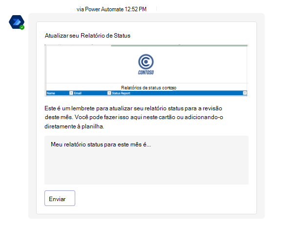 Um Cartão Adaptável no Teams solicitando ao funcionário uma atualização status.