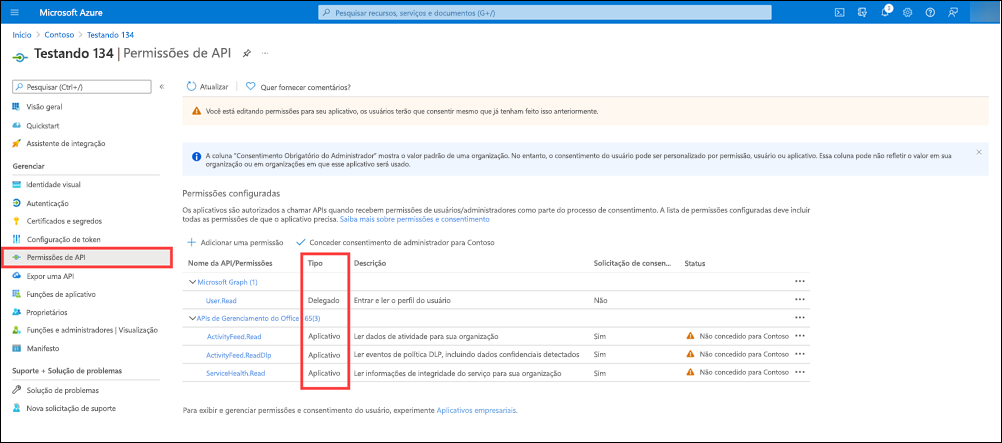 Permissões de API para seu aplicativo