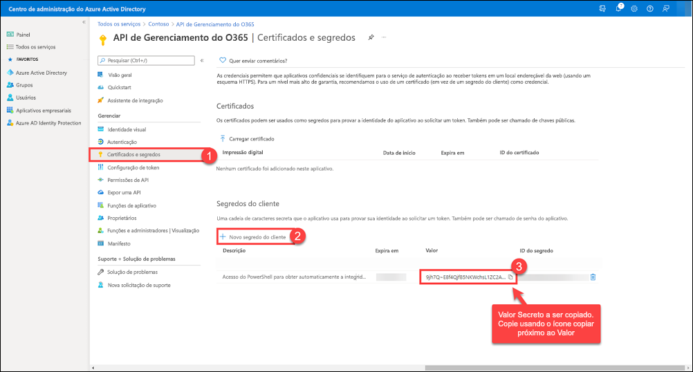 Copie o valor do segredo do cliente para a área de transferência e salve-o para uso posterior