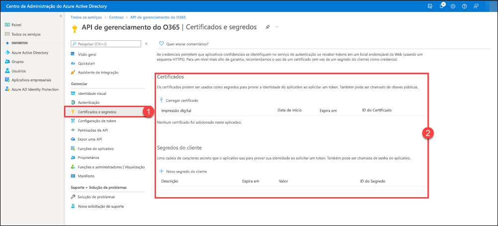 A página de Certificados e segredos do aplicativo