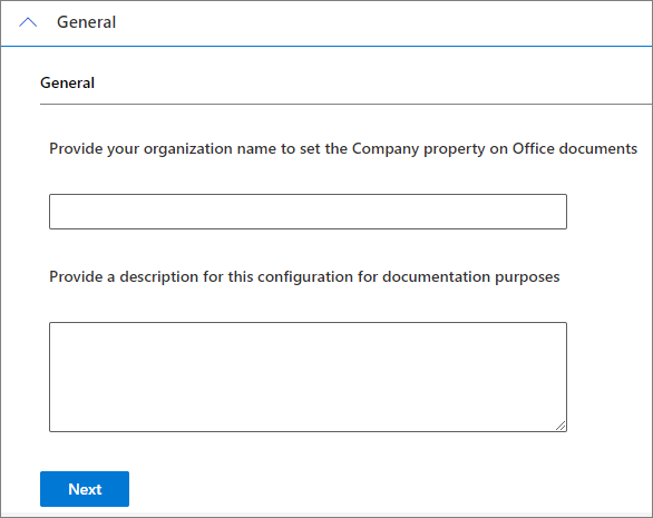 Captura de tela da página para fornecer o nome da organização e as finalidades de configuração.