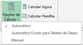 Opções de cálculo, na guia Fórmulas