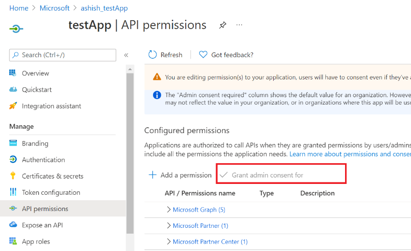 Captura de tela mostrando a alternância para o consentimento do administrador na tela de permissões da API.