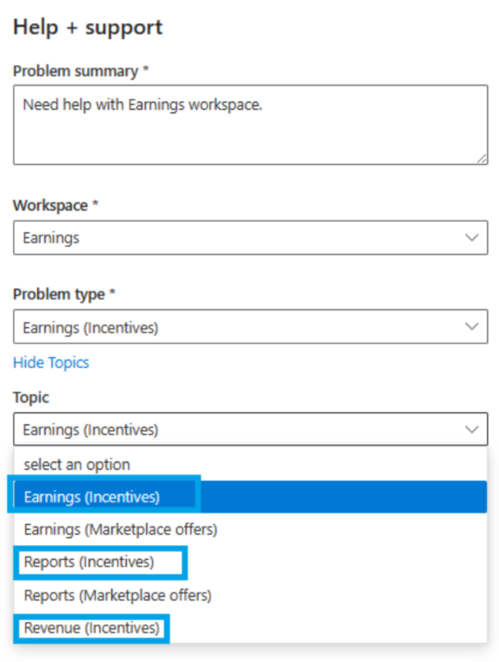 Captura de tela da opção de menu Ajuda+Suporte: Tópico, com Ganhos (Incentivos) selecionado.