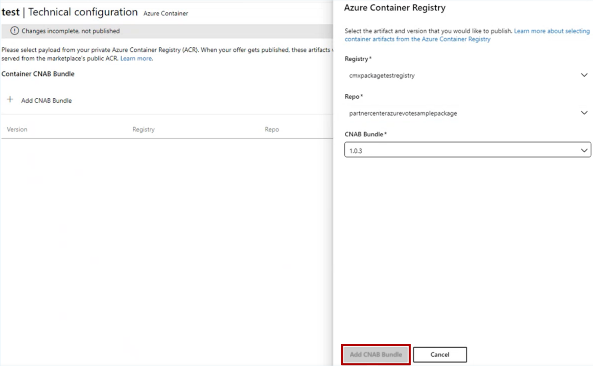 Uma imagem mostrando a tela de configuração técnica no portal do Azure. Um painel mostrando as informações do pacote CNAB está sendo exibido e o botão Adicionar Pacote CNAB está realçado.