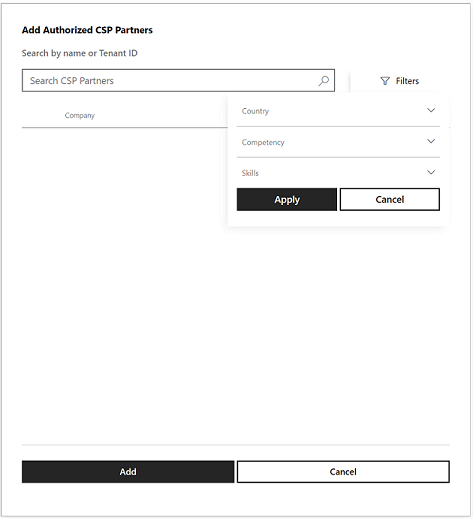 Filtros de país/região, competência e habilidade para pesquisa de parceiros