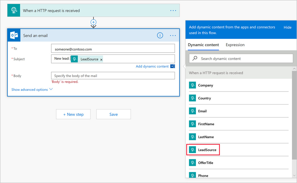 Adicionar uma ação de email usando conteúdo dinâmico