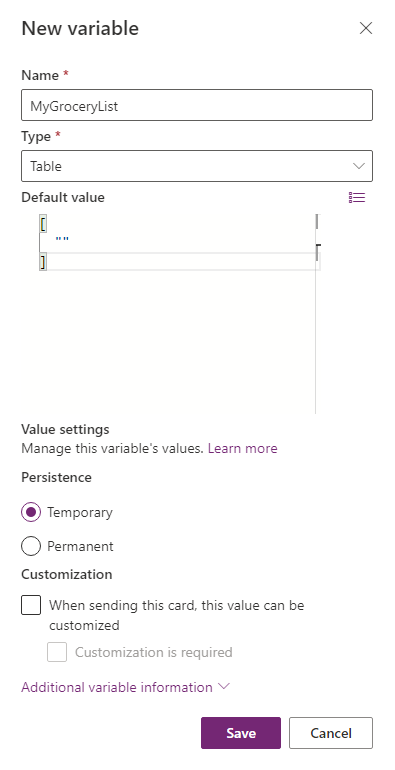 Captura de tela do painel de propriedades da variável MyGroceryList.