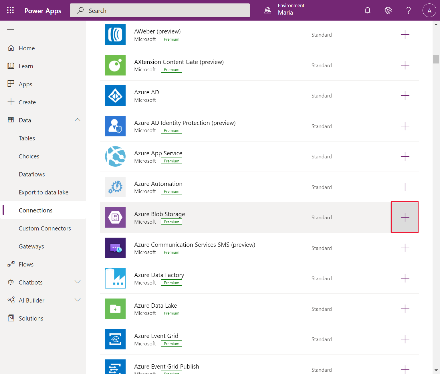 Selecione o conector do Armazenamento de Blobs do Azure.