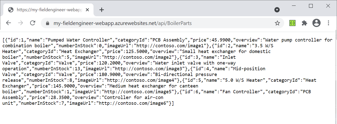 Lista de peças exibida no navegador da Web.