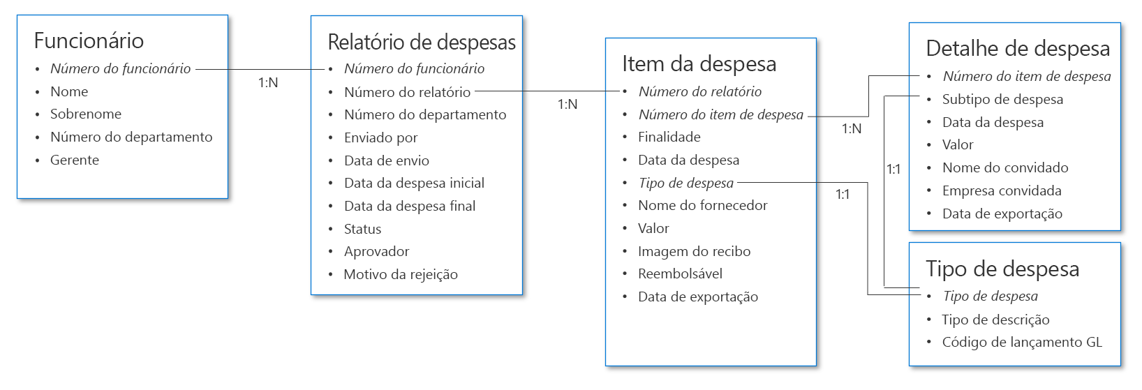 Exemplo de estrutura de dados de relatório de despesas.