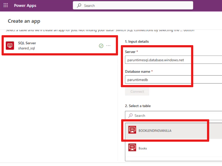 Captura de tela que mostra a página Criar um aplicativo onde você pode escolher uma conexão SQL Server, incluindo uma tabela.