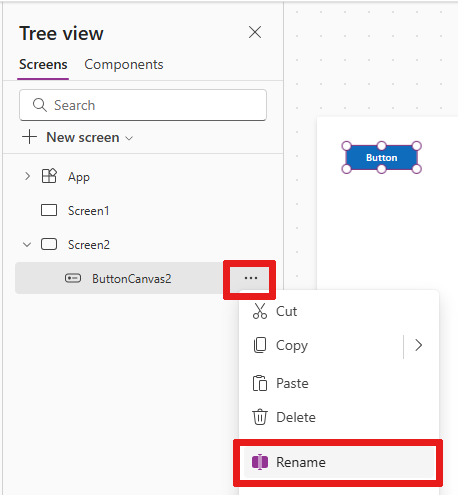 Captura de tela que mostra onde renomear um controle por meio do menu flutuante.