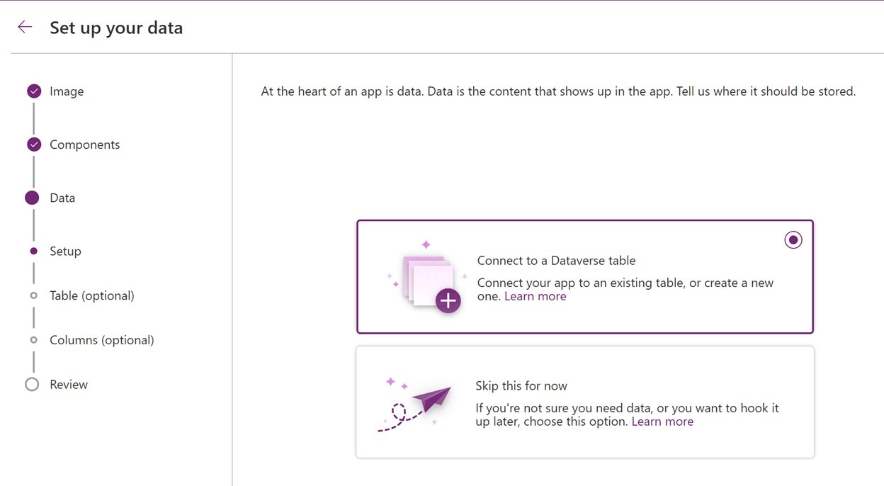 Escolha conectar o Dataverse ou continue sem criar uma tabela agora.