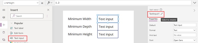 Uma captura de tela de um controle Entrada de texto em construção no Microsoft Power Apps Studio, mostrado ao lado de suas propriedades.