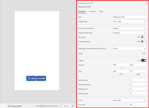 Uma captura de tela de um botão Câmera de medição em construção no Microsoft Power Apps Studio, mostrado ao lado de suas propriedades.