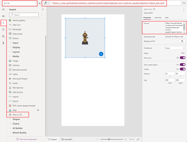 Uma captura de tela de um controle Objeto 3D em construção no Microsoft Power Apps Studio, mostrado com sua propriedade Source.