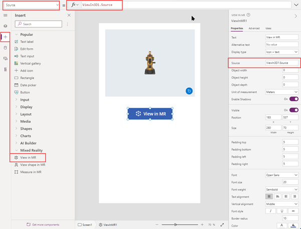 Uma captura de tela de um controle Exibir em MR em construção no Microsoft Power Apps Studio, mostrado com sua propriedade Source.