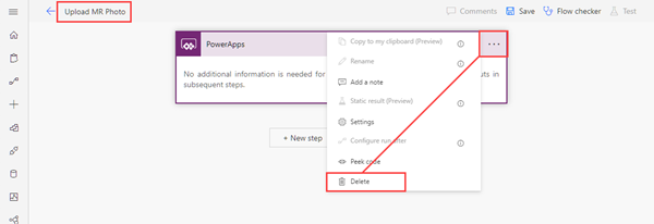 Uma captura de tela da janela de edição do Power Automate, com a etapa do PowerApps selecionada para exclusão.