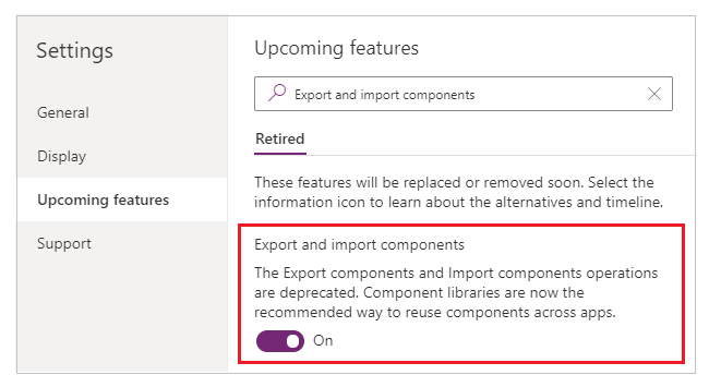 Habilitar exportação e importação de componentes.