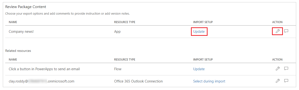 Configurar ação de conteúdo do pacote.