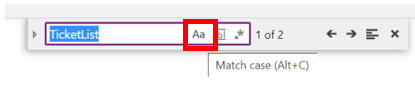 O ícone do refinador Diferenciar Maiúsculas de Minúsculas no controle Localizar e Substituir
