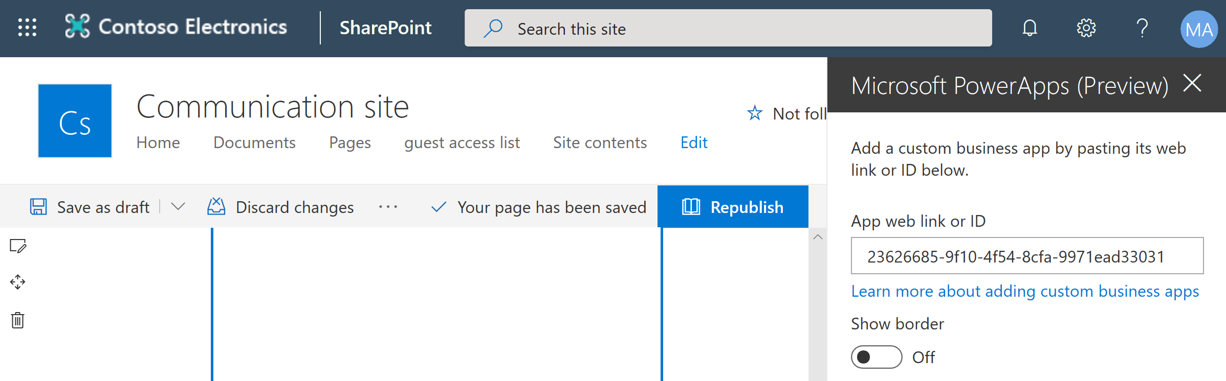 Inserir um aplicativo de tela no SharePoint para convidados.