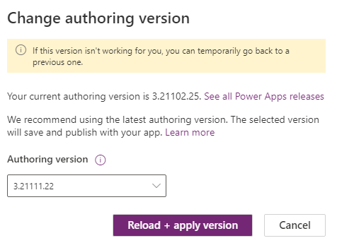 Altere a versão de criação e recarregue a sessão do Power Apps Studio.