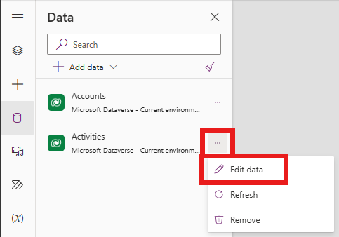 Captura de tela que mostra o painel Dados com o menu flutuante em uma tabela selecionada com a opção Editar dados.