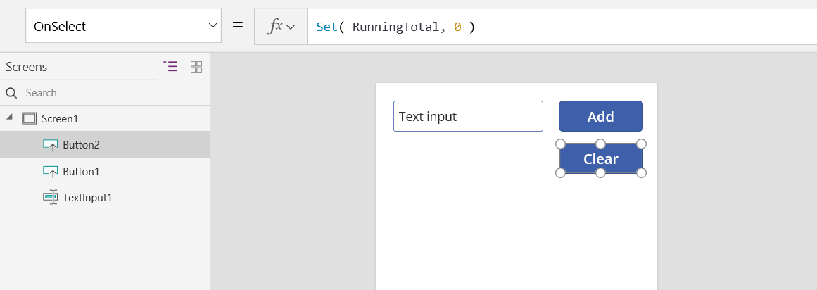 A propriedade OnSelect do botão Clear está configurada como a função Definir.