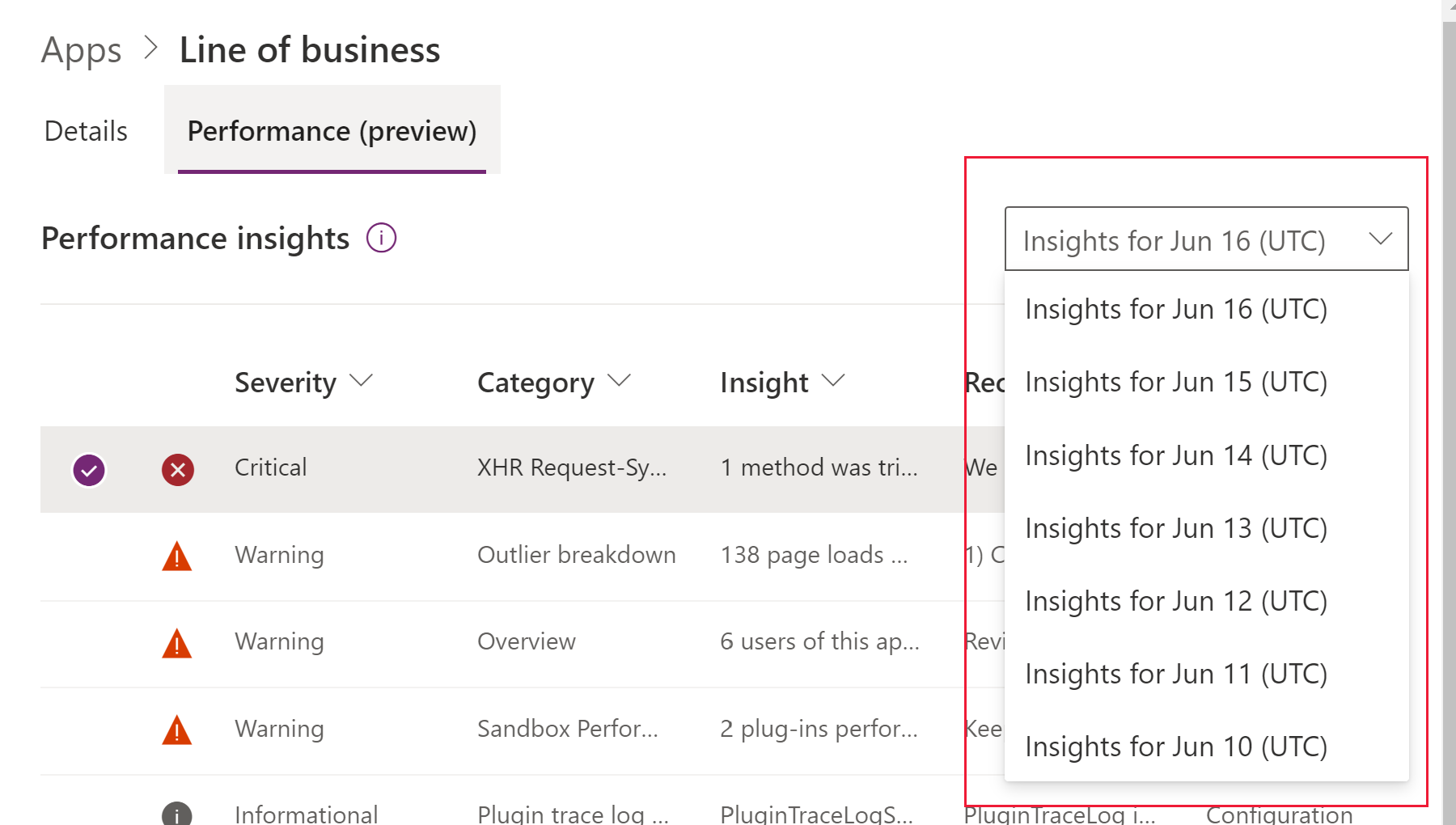 Selecionar uma data para exibir os dados de insight de desempenho.