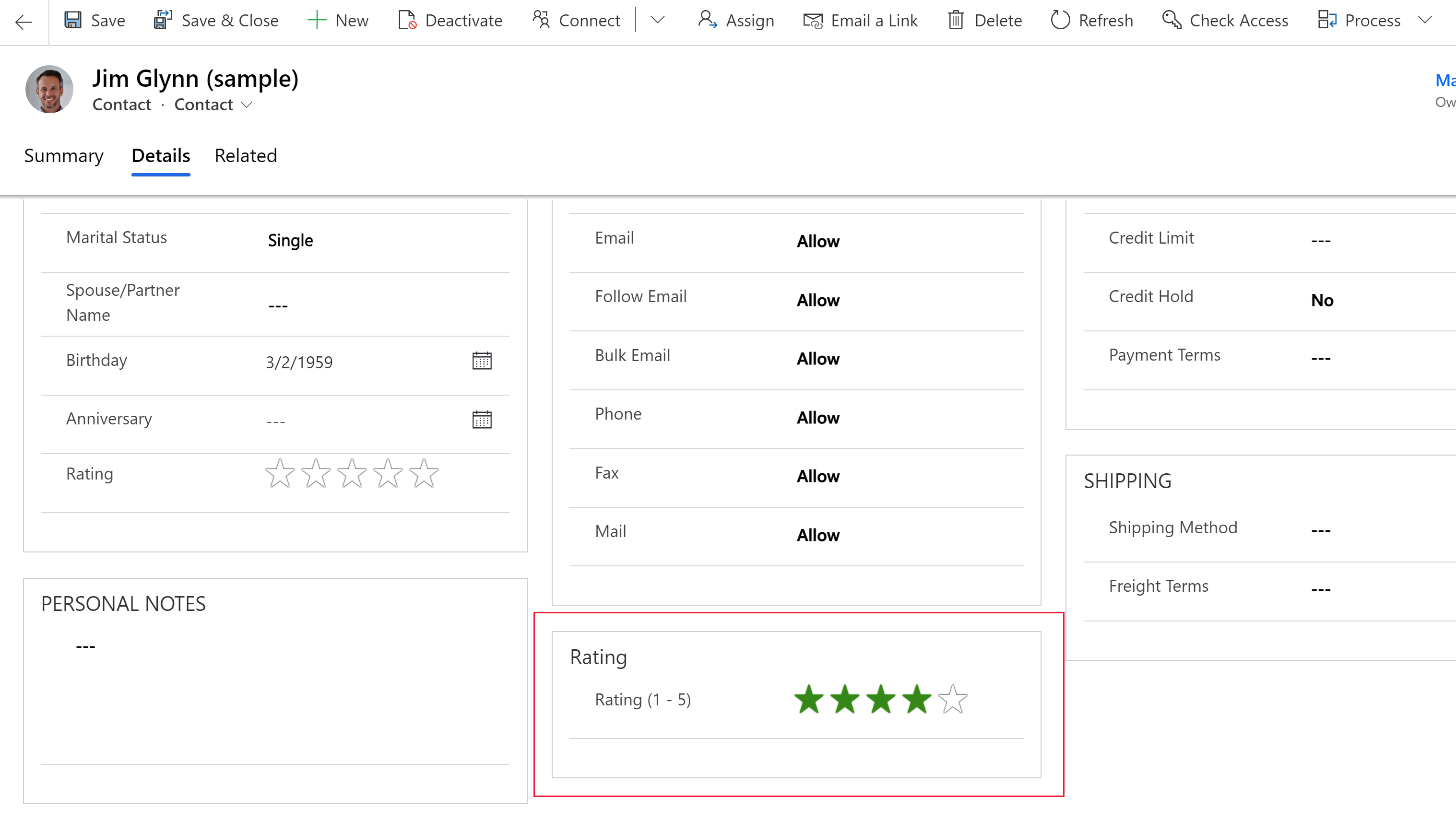 Exemplo do controle Classificação por estrelas em um aplicativo baseado em modelo.