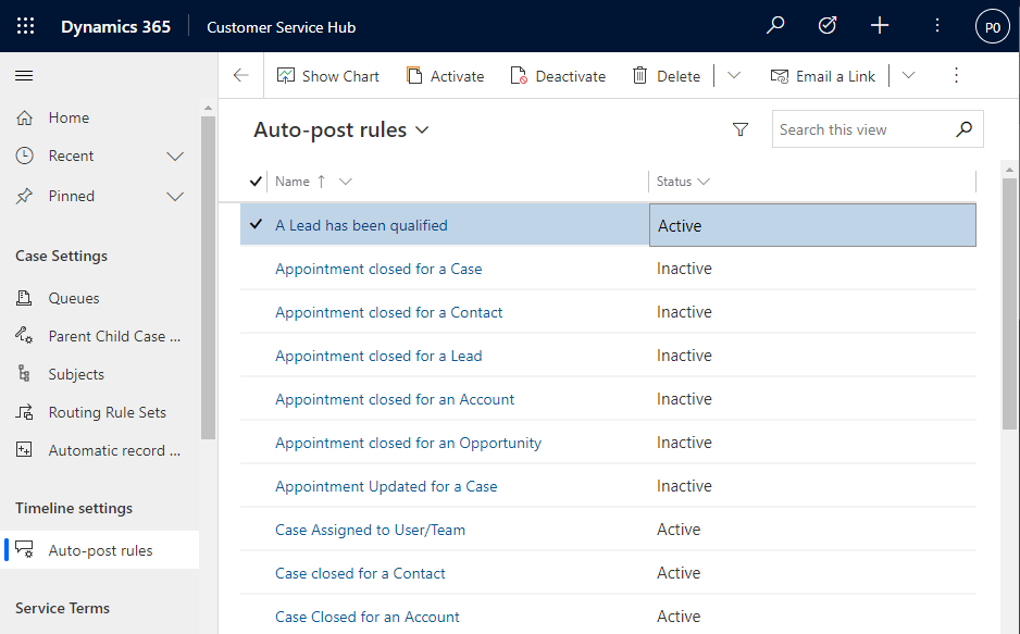 Configurações de linha do tempo de regras de postagem automática.