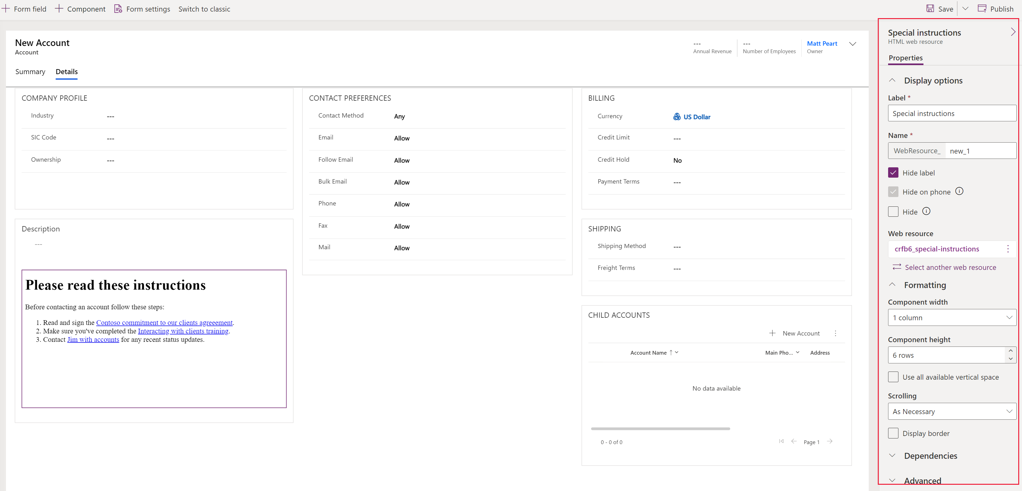 Painel de propriedades de recursos da Web no designer de formulários