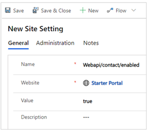 Habilite a tabela de contatos para a configuração do site de API Web. 