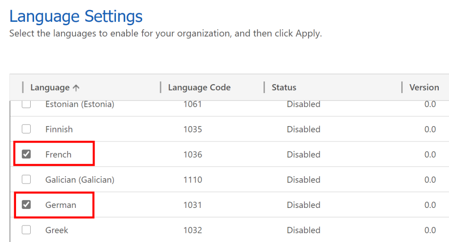 Configurações de idioma PPAC.