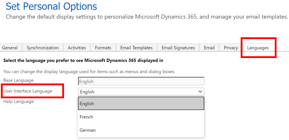 Configuração de idioma pessoal.