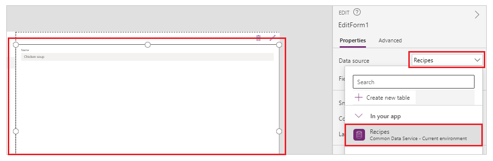 Alterar a fonte de dados do formulário.