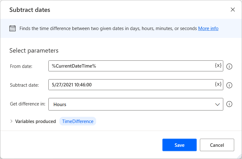 Captura de tela da ação Subtrair datas.