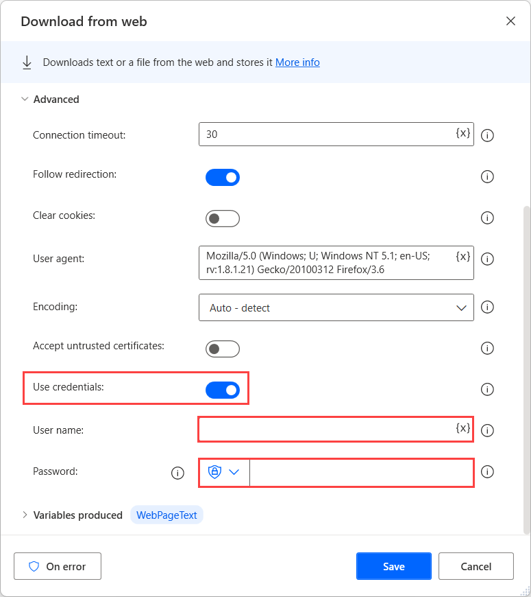 Captura de tela das configurações avançadas da ação Baixar da Web.