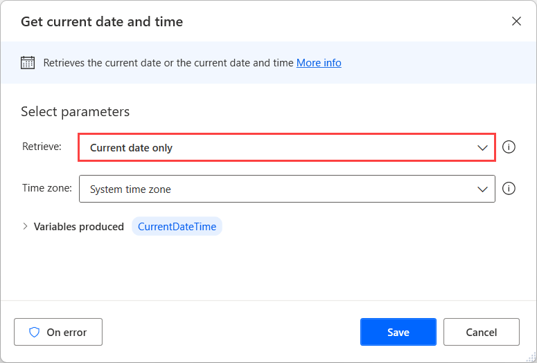 Captura de tela da ação Obter data atual.