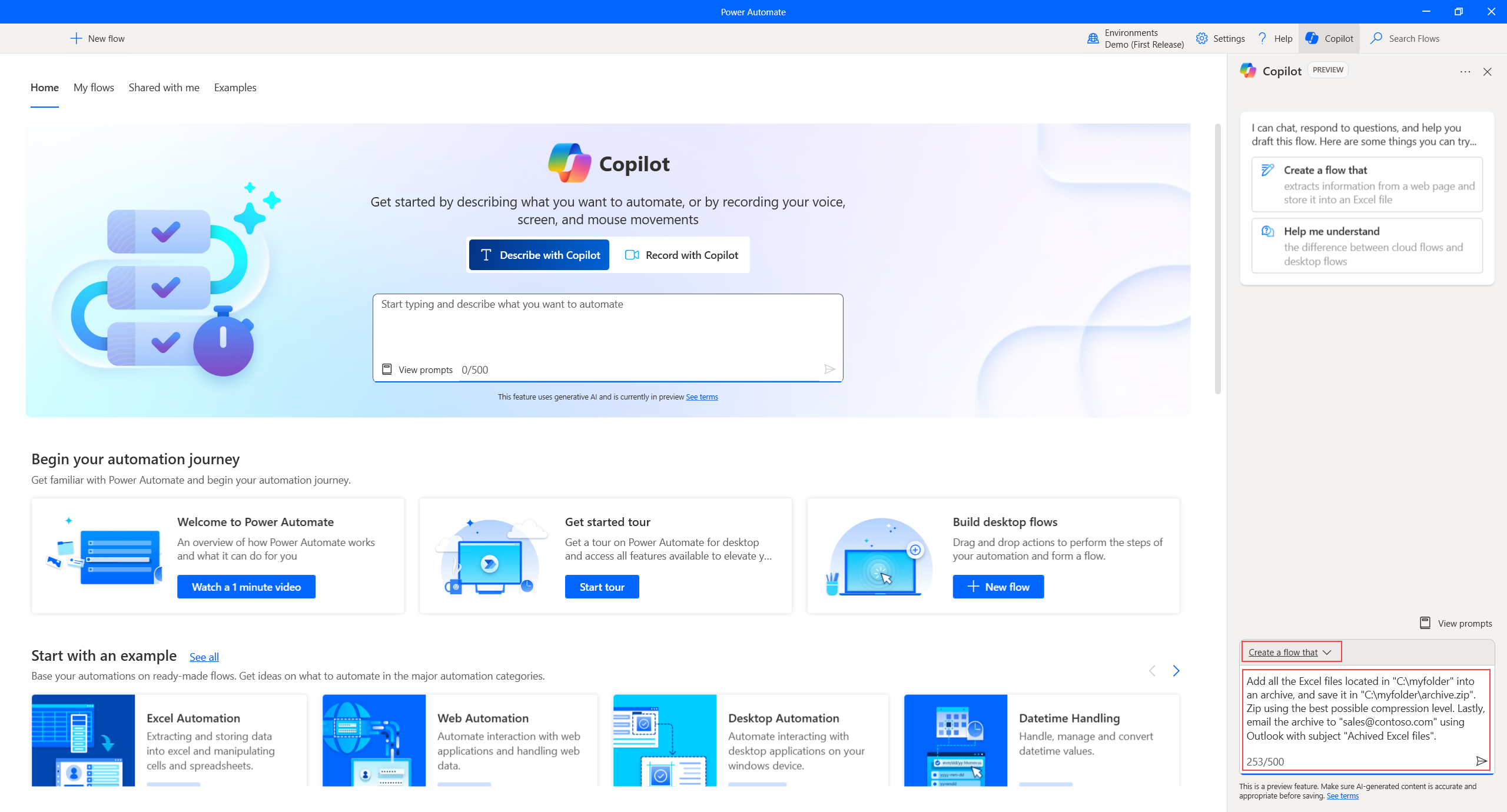 Captura de tela que mostra o painel lateral do Copilot no local inicial do console do Power Automate para desktop.