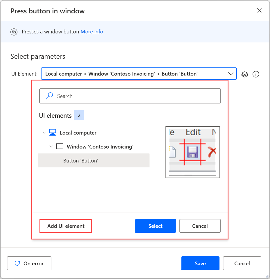 Captura de tela dos elementos de interface do usuário disponíveis no botão Pressionar na ação da janela.