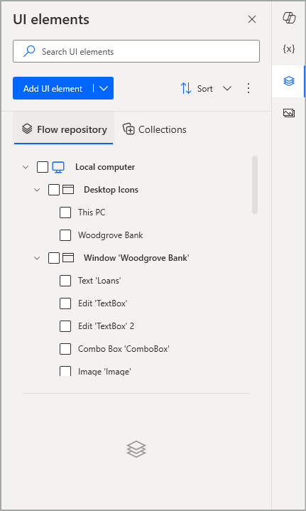 Captura de tela das guias Repositório de fluxo e Coleções no painel de elementos da interface do usuário.