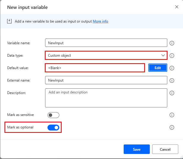 Captura de tela da configuração de entrada do objeto personalizado para usar em branco como seu valor padrão.